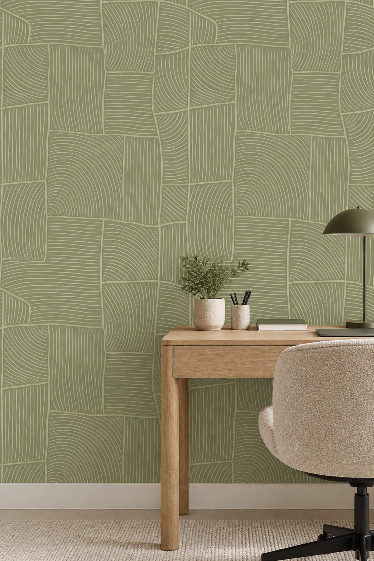Sage Green Geometric Blocks Wallpaper Curved Line Pattern