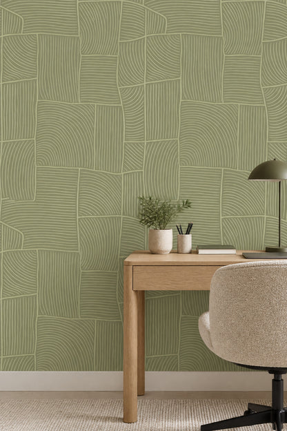 Sage Green Geometric Blocks Wallpaper Curved Line Pattern