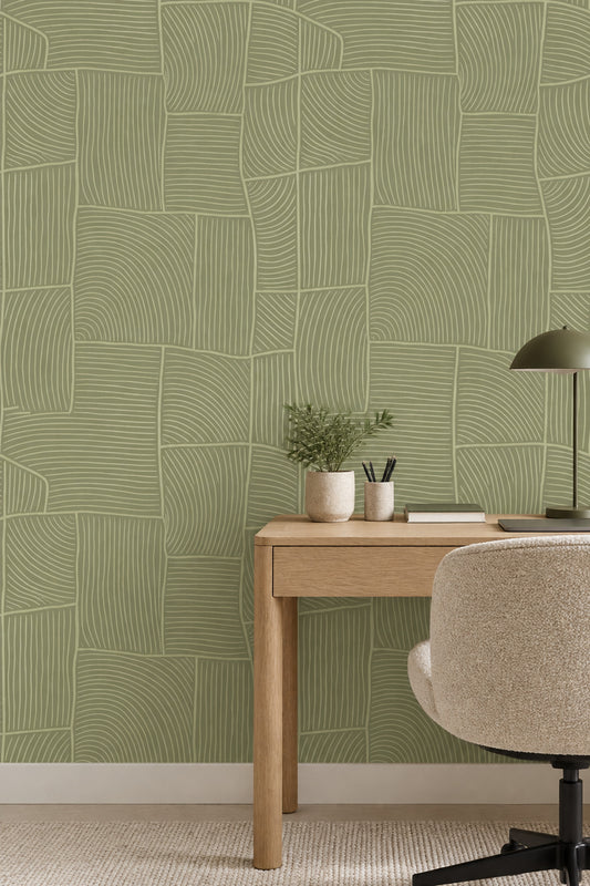 Sage Green Geometric Blocks Wallpaper Curved Line Pattern