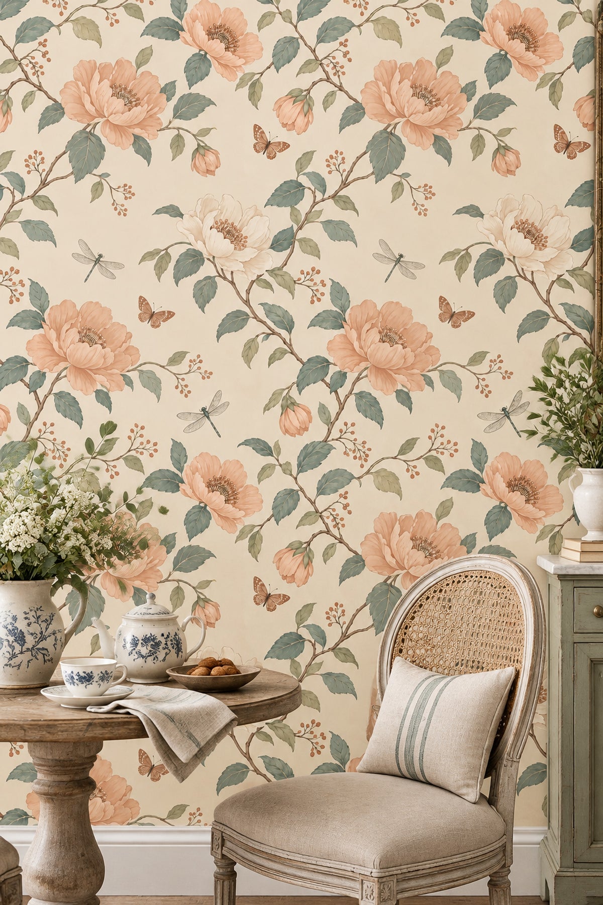 Peach Flowers Butterflies Wallpaper Cream Background