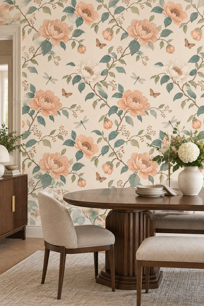 Peach Flowers Butterflies Wallpaper Cream Background