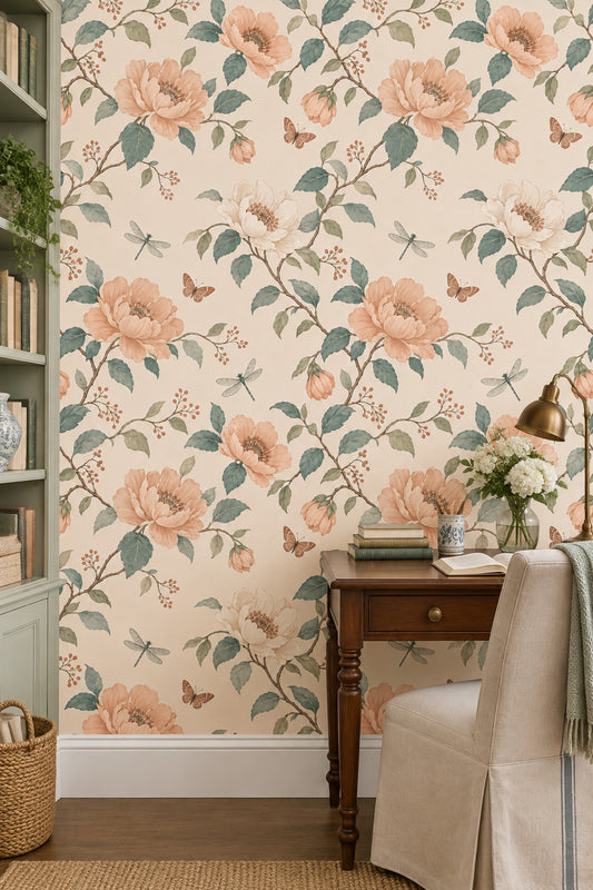 Peach Flowers Butterflies Wallpaper Cream Background