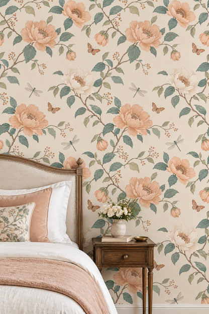 Peach Flowers Butterflies Wallpaper Cream Background