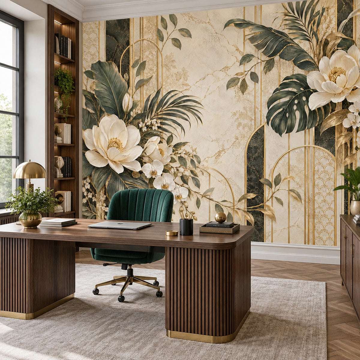 White Orchid And Tropical Leaves Wallpaper Gold Art Deco Wall Mural