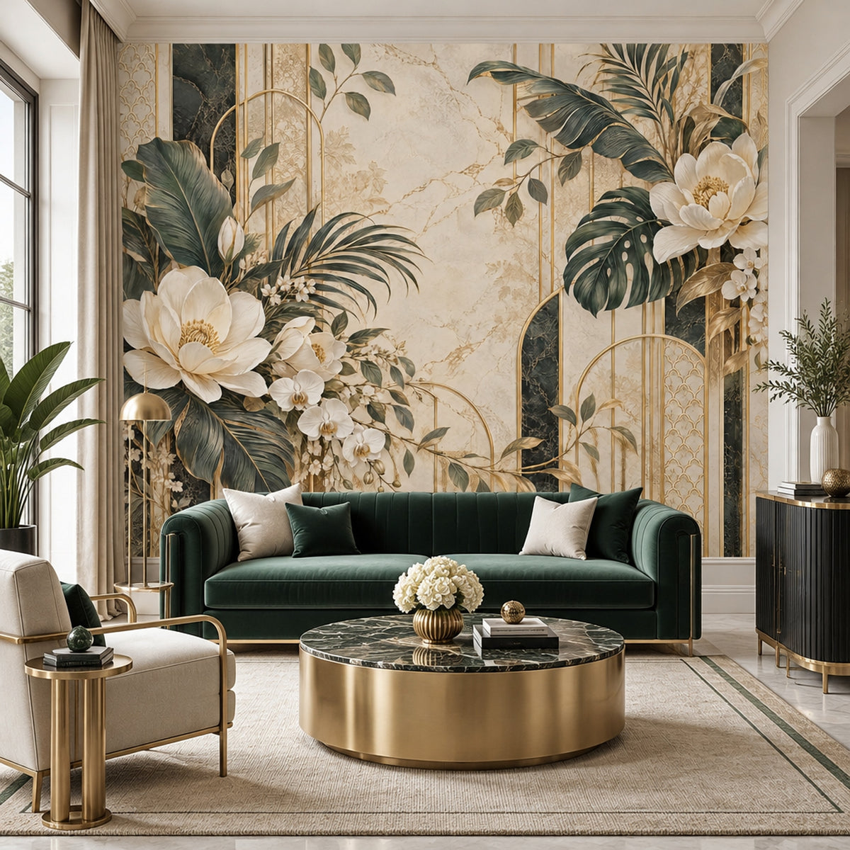 White Orchid And Tropical Leaves Wallpaper Gold Art Deco Wall Mural