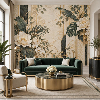 White Orchid And Tropical Leaves Wallpaper Gold Art Deco Wall Mural