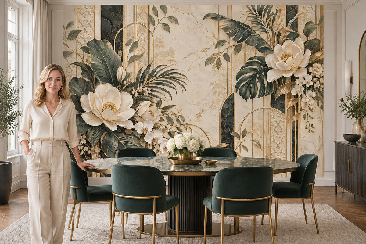 White Orchid And Tropical Leaves Wallpaper Gold Art Deco Wall Mural