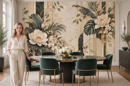 White Orchid And Tropical Leaves Wallpaper Gold Art Deco Wall Mural