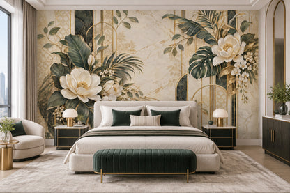 White Orchid And Tropical Leaves Wallpaper Gold Art Deco Wall Mural