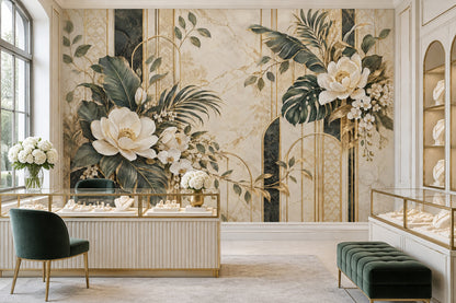 White Orchid And Tropical Leaves Wallpaper Gold Art Deco Wall Mural