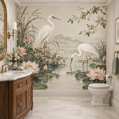 Cranes And Lotus Pond Wallpaper Chinoiserie Floral Wall Mural