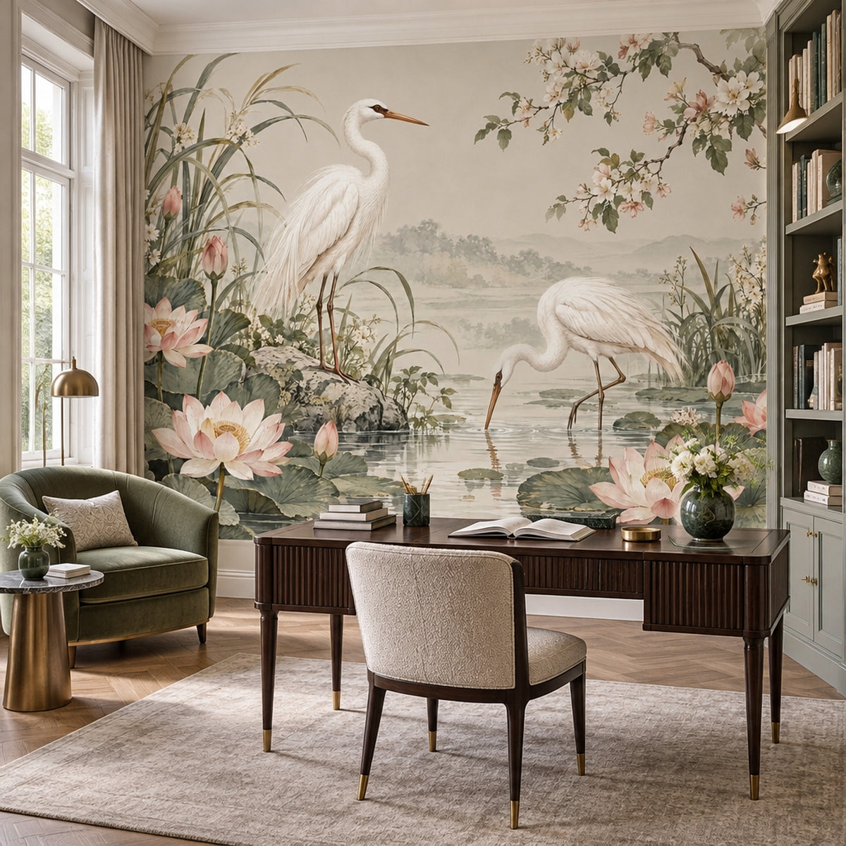 Cranes And Lotus Pond Wallpaper Chinoiserie Floral Wall Mural