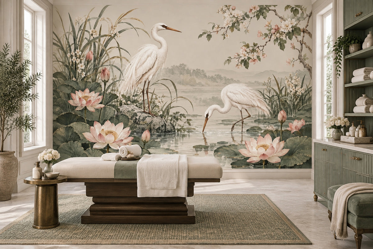 Cranes And Lotus Pond Wallpaper Chinoiserie Floral Wall Mural