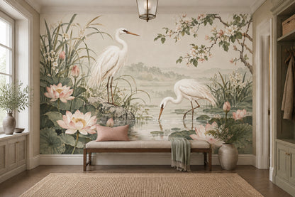 Cranes And Lotus Pond Wallpaper Chinoiserie Floral Wall Mural