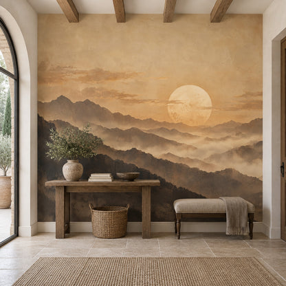 Sepia Misty Mountains Wallpaper Vintage Sun Wall Mural