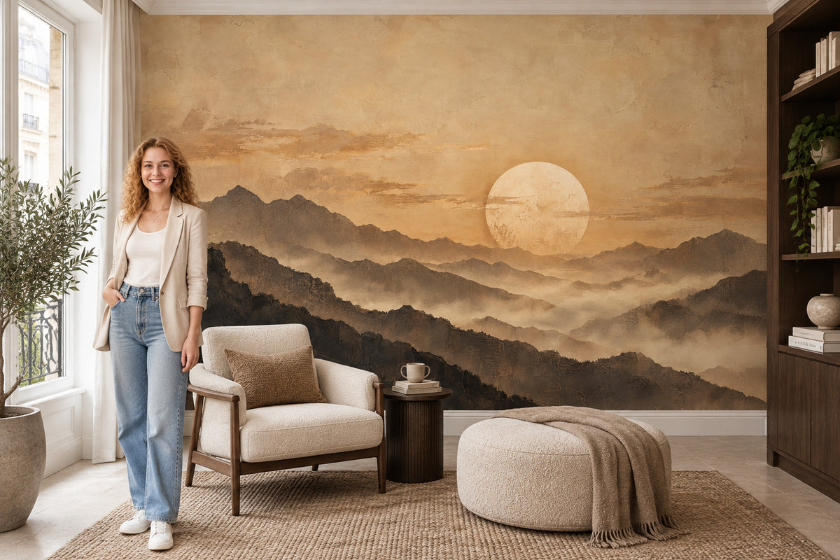 Sepia Misty Mountains Wallpaper Vintage Sun Wall Mural