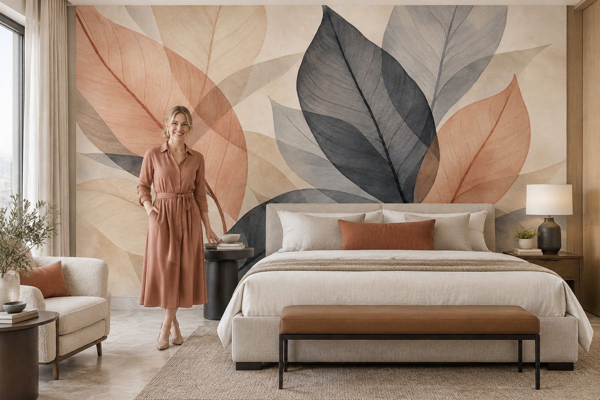Translucent Layered Leaves Wallpaper Neutral Watercolor Wall Mural