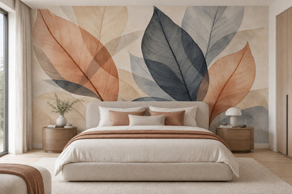 Translucent Layered Leaves Wallpaper Neutral Watercolor Wall Mural