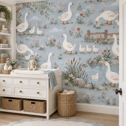 Watercolor Geese And Goslings Wallpaper Pastel Countryside Wall Mural