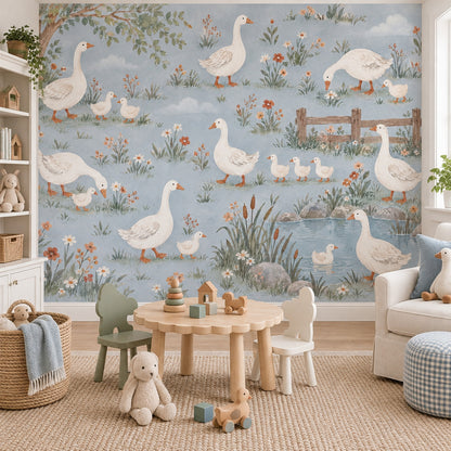 Watercolor Geese And Goslings Wallpaper Pastel Countryside Wall Mural