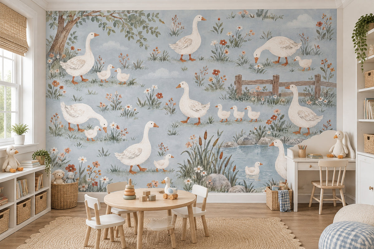 Watercolor Geese And Goslings Wallpaper Pastel Countryside Wall Mural