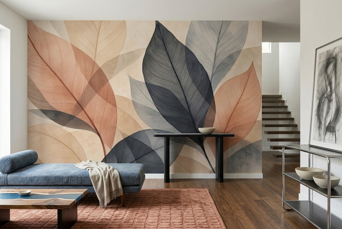Translucent Layered Leaves Wallpaper Neutral Watercolor Wall Mural