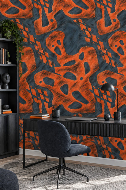 Abstract Organic Shapes Wallpaper Orange And Dark Navy
