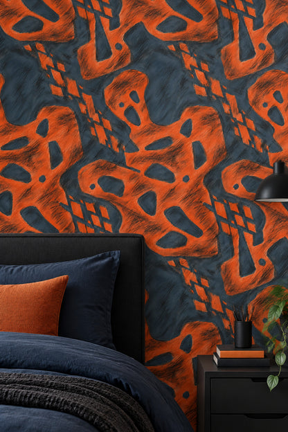 Abstract Organic Shapes Wallpaper Orange And Dark Navy