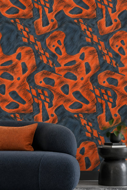 Abstract Organic Shapes Wallpaper Orange And Dark Navy
