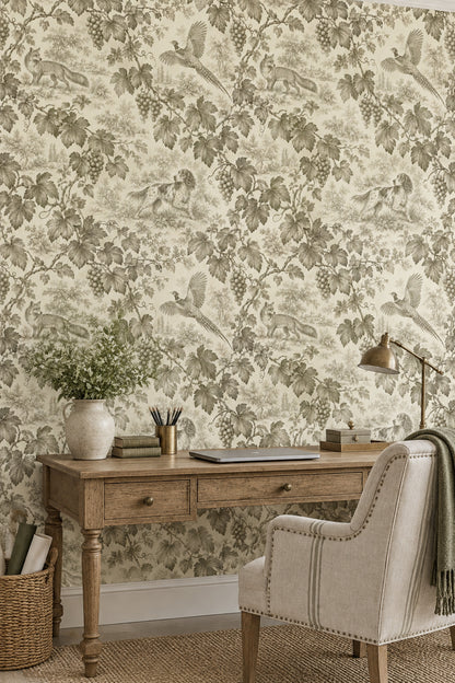Grapevine Fox And Pheasant Toile Wallpaper Sepia Cream