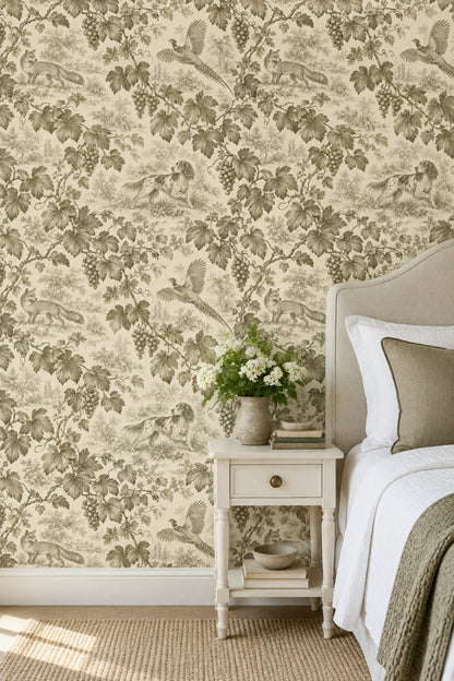 Grapevine Fox And Pheasant Toile Wallpaper Sepia Cream