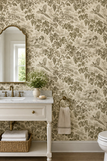 Grapevine Fox And Pheasant Toile Wallpaper Sepia Cream