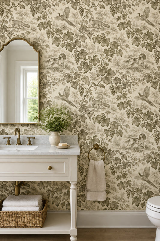 Grapevine Fox And Pheasant Toile Wallpaper Sepia Cream