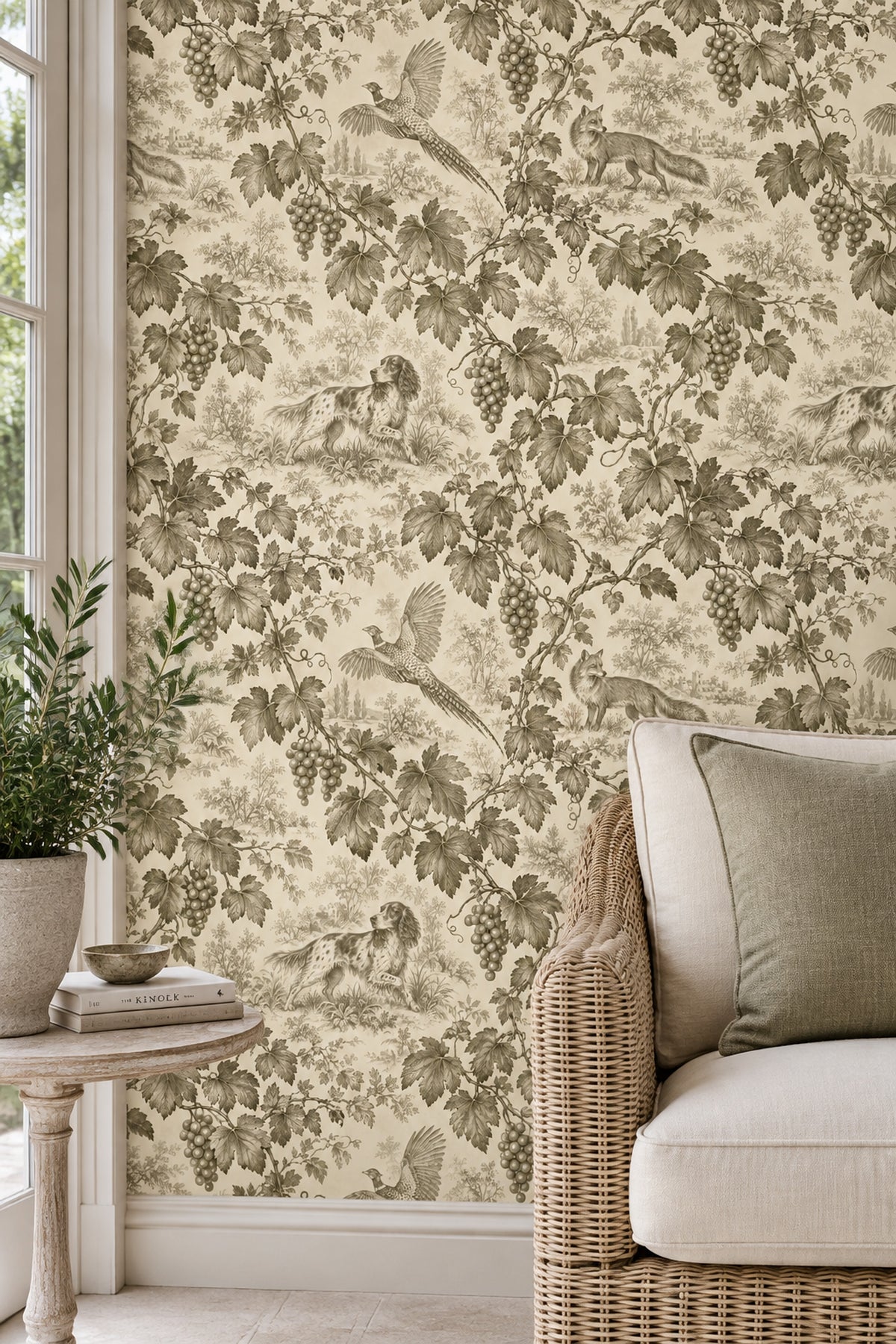 Grapevine Fox And Pheasant Toile Wallpaper Sepia Cream