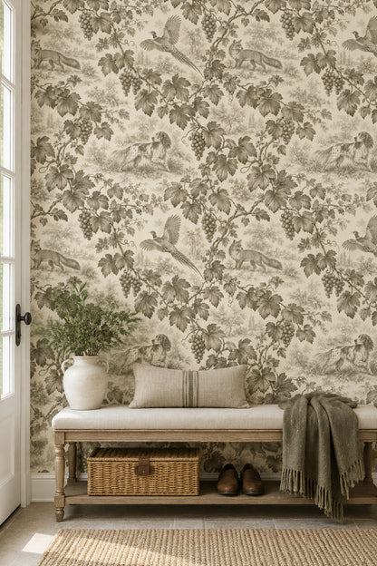 Grapevine Fox And Pheasant Toile Wallpaper Sepia Cream
