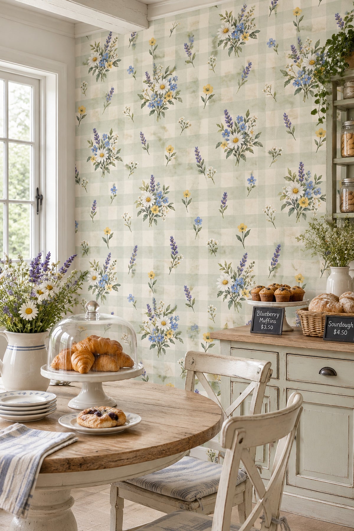 Daisy And Lavender Bouquets Wallpaper Muted Green Plaid