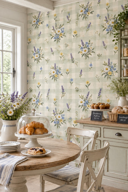 Daisy And Lavender Bouquets Wallpaper Muted Green Plaid