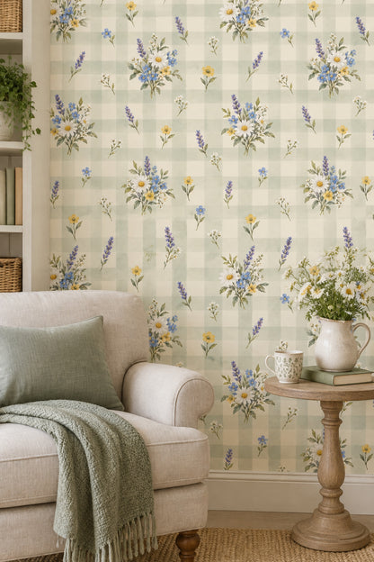 Daisy And Lavender Bouquets Wallpaper Muted Green Plaid