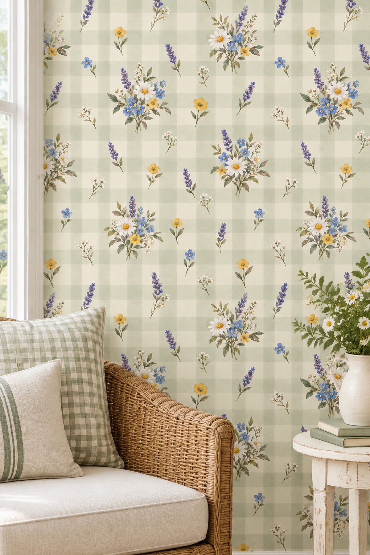 Daisy And Lavender Bouquets Wallpaper Muted Green Plaid