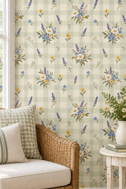 Daisy And Lavender Bouquets Wallpaper Muted Green Plaid
