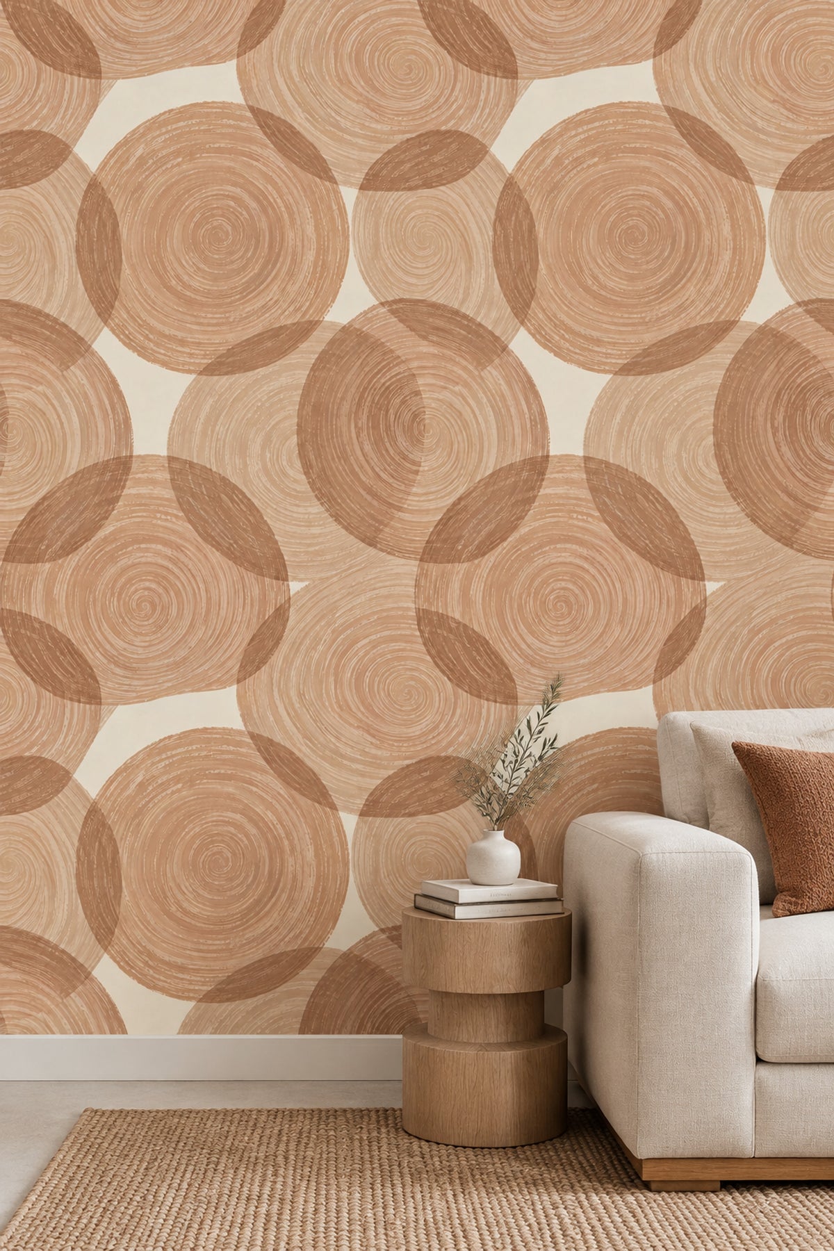 Overlapping Abstract Circles Wallpaper Spiral Brushstroke Beige Tan