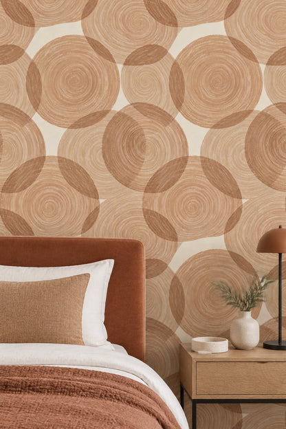 Overlapping Abstract Circles Wallpaper Spiral Brushstroke Beige Tan