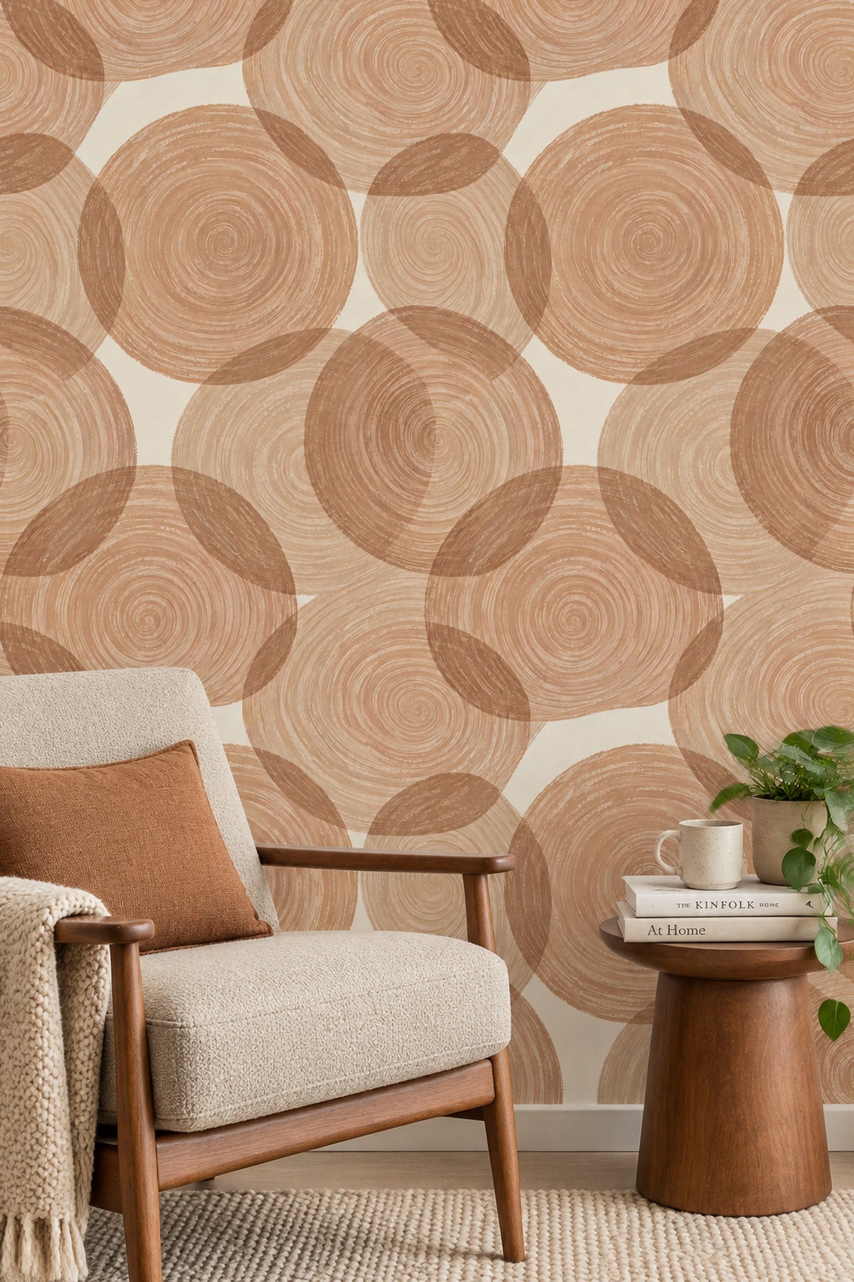 Overlapping Abstract Circles Wallpaper Spiral Brushstroke Beige Tan