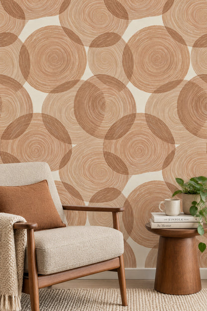 Overlapping Abstract Circles Wallpaper Spiral Brushstroke Beige Tan