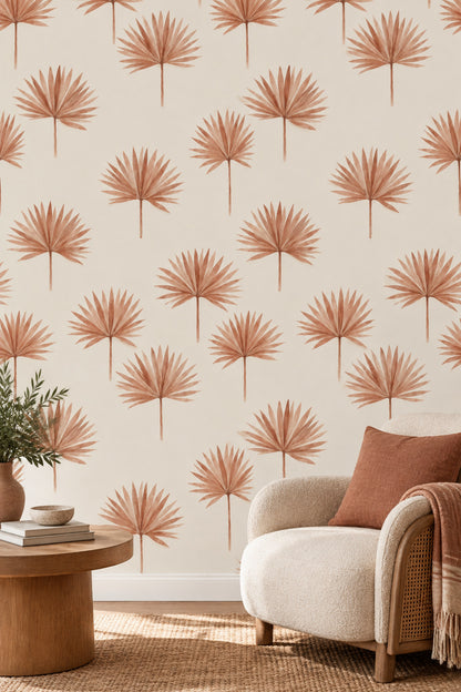 Palm Leaf Wallpaper Watercolor Terracotta On Cream Background