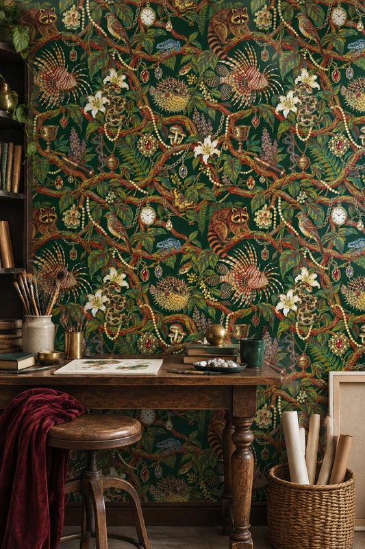 Raccoon Bird Frog And Tropical Fish Wallpaper Maximalist Emerald Green