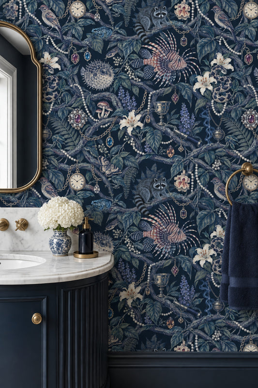Raccoon Snake And Jewel Botanical Wallpaper Dark Navy Maximalist