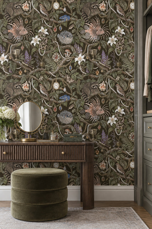 Raccoon Reef Fish And Jewel Botanicals Wallpaper Maximalist Dark Green