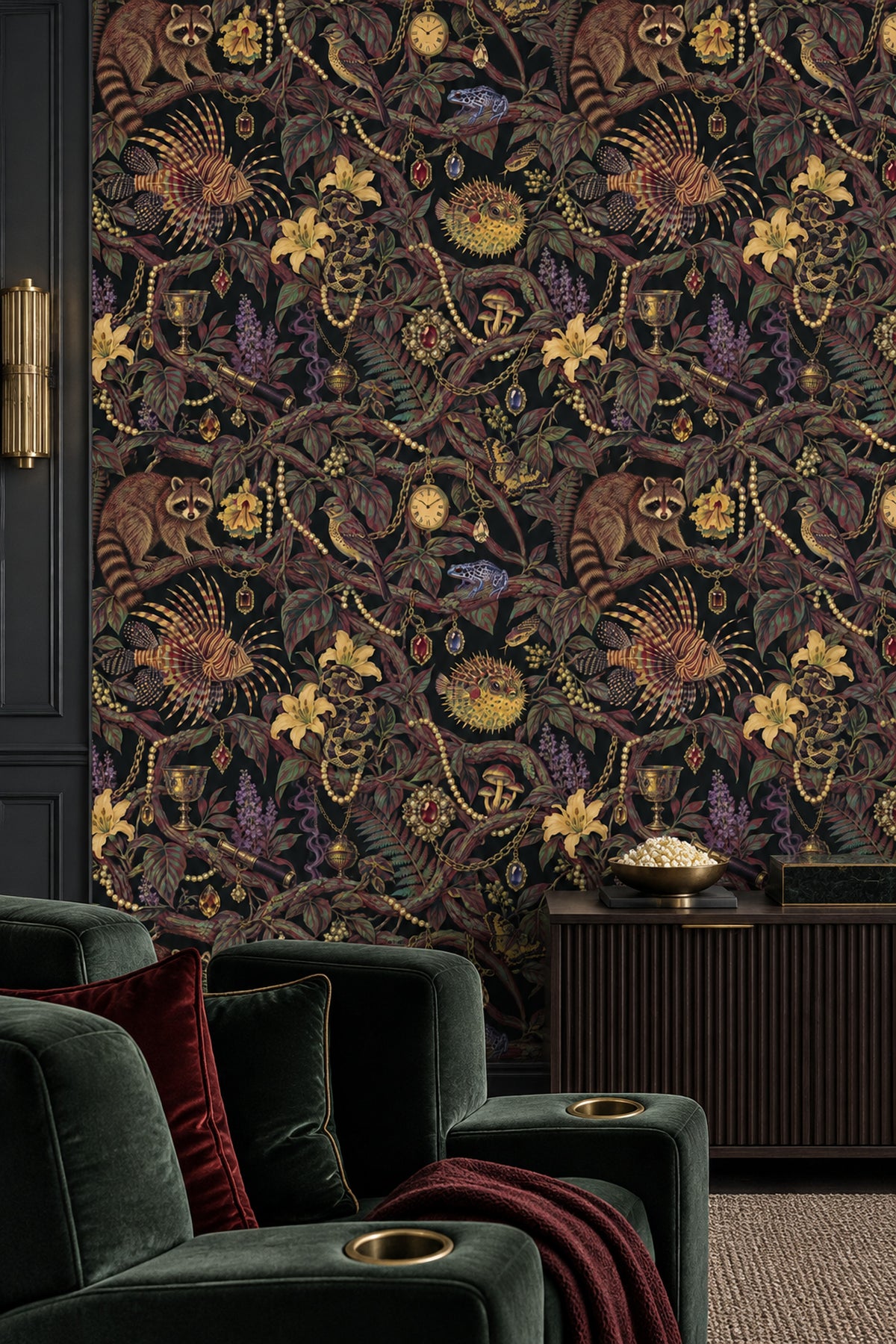 Raccoon And Tropical Animals Wallpaper Maximalist Jewel Tone