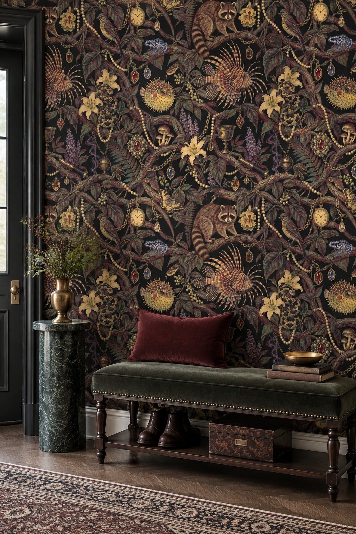 Raccoon And Tropical Animals Wallpaper Maximalist Jewel Tone